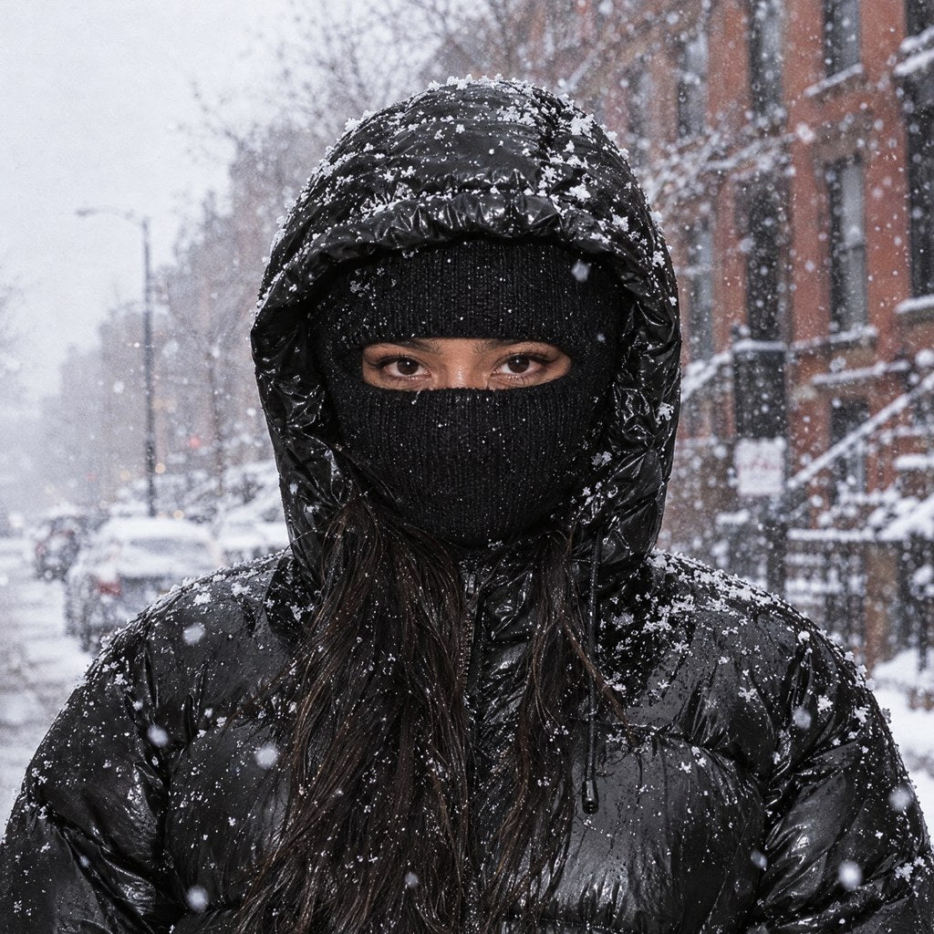 Y2K Crew model in a black balaclava and glossy black hooded puffer jacket on a snowy Brooklyn street